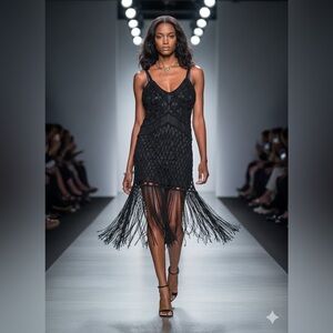 LAMARQUE valda crochet leather Elegant Black Fringe Dress XS